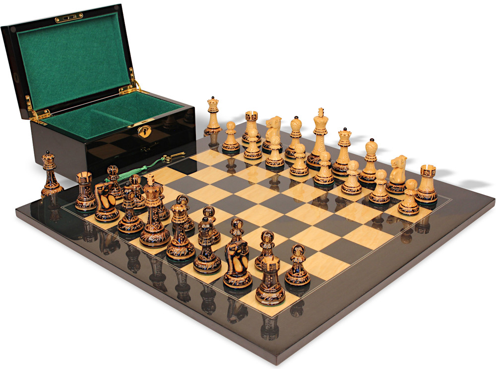 Reykjavik Series Chess Set Burnt Boxwood Pieces with Black & Ash Burl Board & Box - 3.75" King