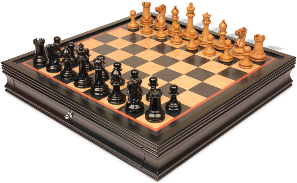 1849 Heirloom Staunton Chess Set Ebony & Distressed Boxwood Pieces with Black & Bird's-Eye Maple Chess Case - 3.5" King - 3.5" King
