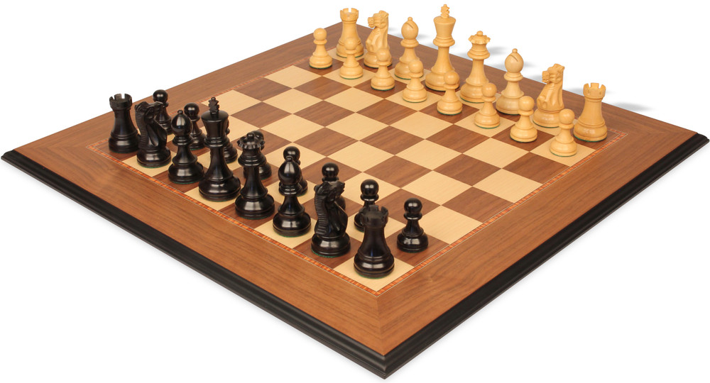 Parker Staunton Chess Set Ebonized & Natural Boxwood Pieces with Walnut & Maple Molded Edge Board - 3.25" King