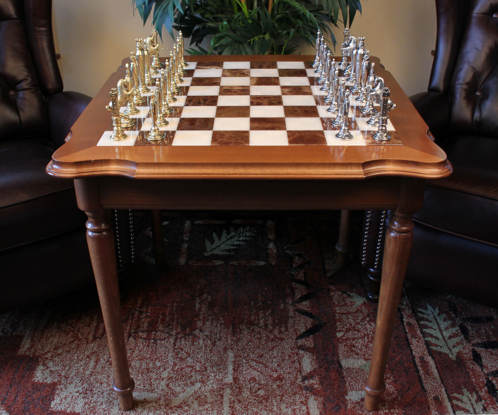 Italfama Marble & Tilia Wood Two-Drawer Chess Table with Renaissance Brass & Nickel Pieces