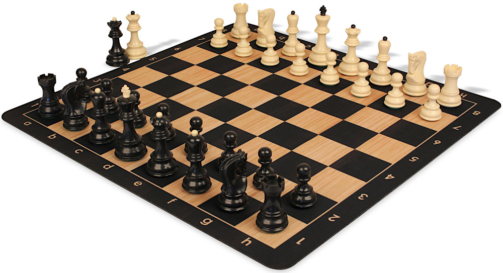 German Knight Plastic Chess Set Black & Aged Ivory Pieces with