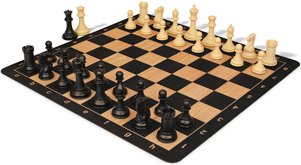 Conqueror Triple Weighted Plastic Chess Set Black & Camel Pieces with Macassar Ebony & Maple Floppy Chess Board - 3.75" King