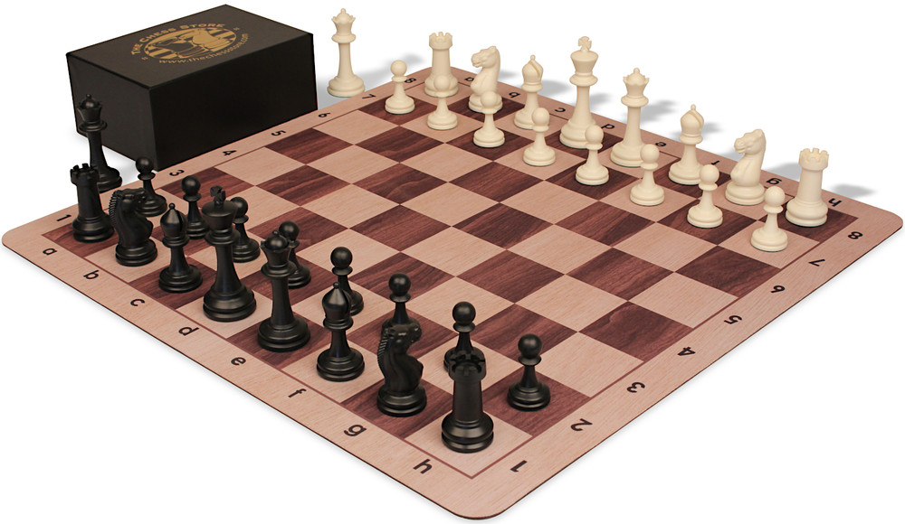 The Chess Store Master Series Triple Weighted Plastic Chess Set Black & Ivory Pieces with Extra Queens, Walnut & Maple Floppy Chess Board & Box - 3.75" King The Chess Store Master Series Triple Weighted Plastic Chess Set Black & Ivory Pieces with Extra Queens, Walnut & Maple Floppy Chess Board & Box - 3.75" King