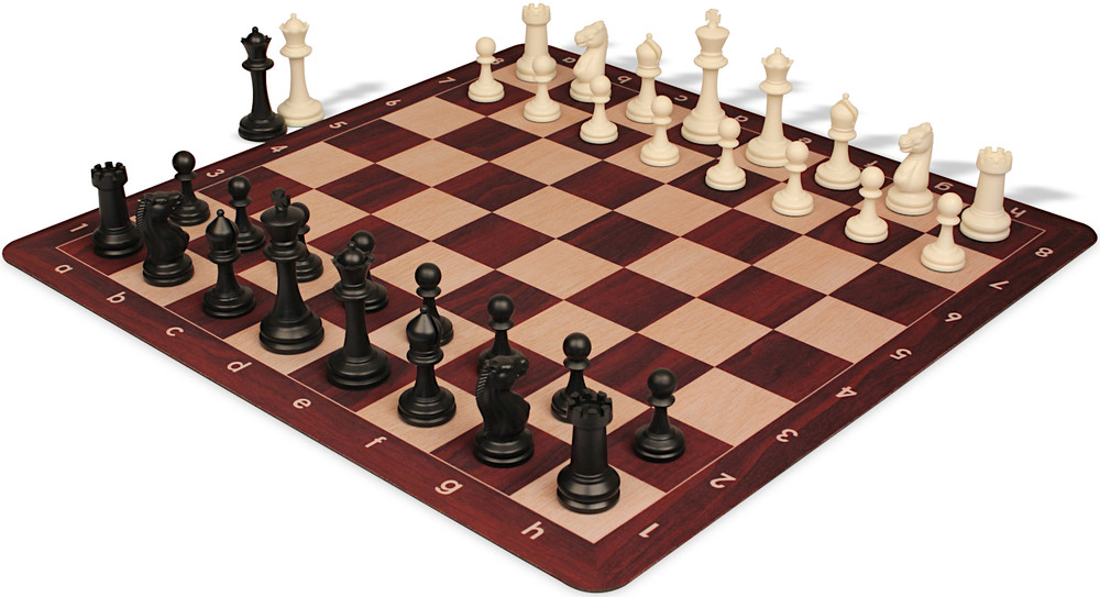 Master Series Triple Weighted Plastic Chess Set Black & Ivory Pieces with Rosewood & Maple Floppy Chess Board - 3.75" King Master Series Triple Weighted Plastic Chess Set Black & Ivory Pieces with Rosewood & Maple Floppy Chess Board - 3.75" King