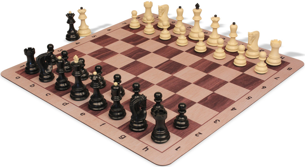 Zagreb Plastic Chess Set Black & Aged Ivory Pieces with Rosewood