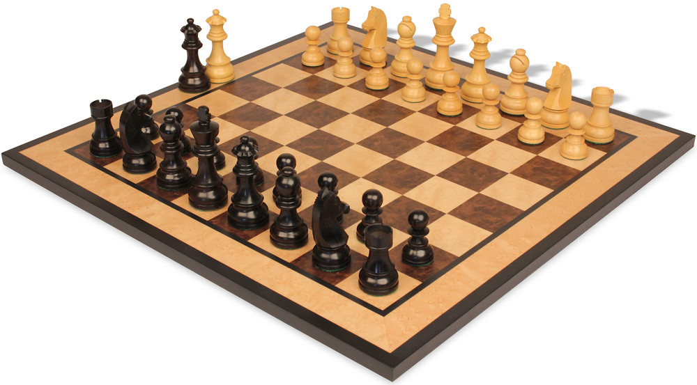 German Knight Staunton Chess Set Ebonized & Boxwood Pieces with Walnut Burl & Bird's-Eye Maple Board - 3.75" King