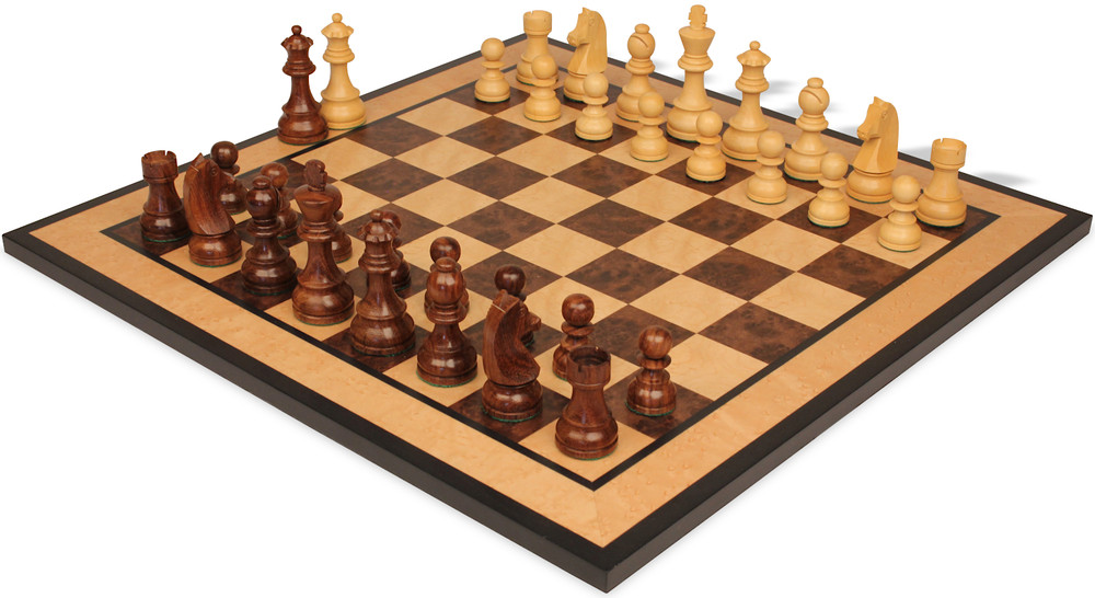 German Knight Staunton Chess Set Golden Rosewood & Boxwood Pieces with Walnut Burl & Bird's-Eye Maple Board - 3.75" King