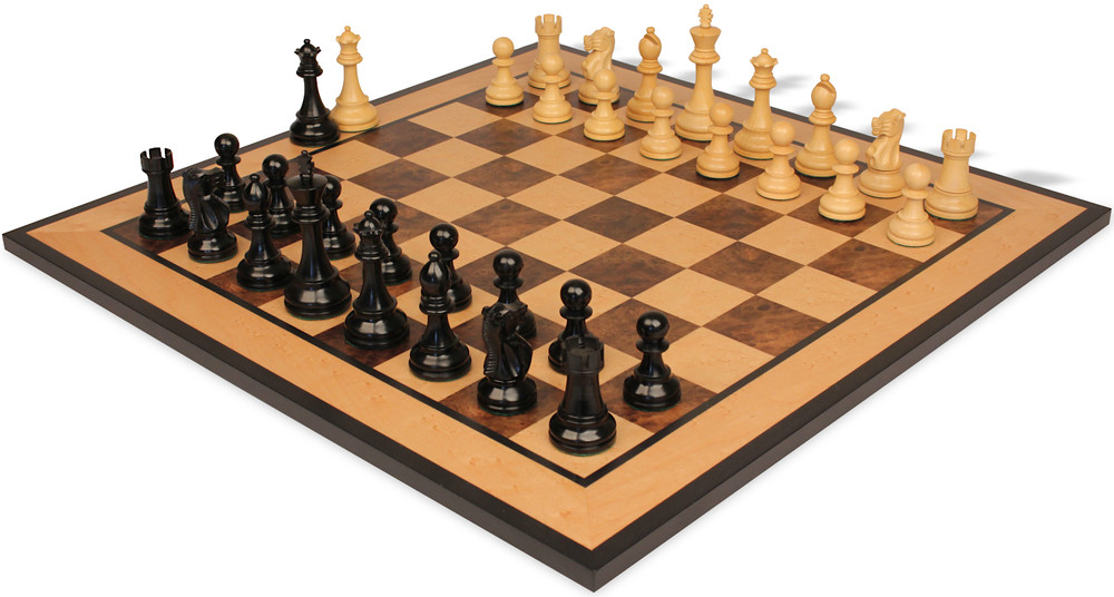 British Staunton Chess Set Ebonized & Boxwood Pieces with Walnut Burl & Bird's-Eye Maple Board - 3.5" King