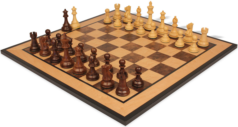 British Staunton Chess Set Golden Rosewood & Boxwood Pieces with Walnut Burl & Bird's-Eye Maple Board - 3.5" King