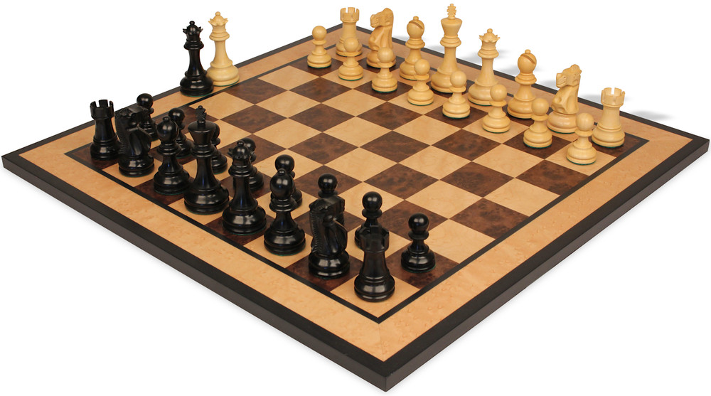 Deluxe Old Club Staunton Chess Set Ebonized & Boxwood Pieces with Walnut Burl & Bird's-Eye Maple Board - 3.75" King