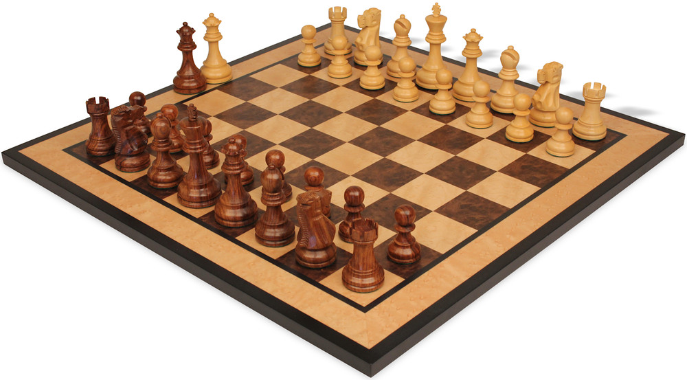 Deluxe Old Club Staunton Chess Set Golden Rosewood & Boxwood Pieces with Walnut Burl & Bird's-Eye Maple Board - 3.75" King