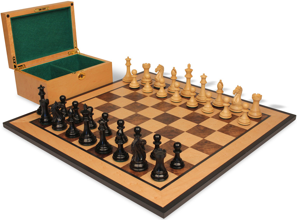 Fierce Knight Staunton Chess Set Ebony & Boxwood Pieces with Walnut Burl & Bird's-Eye Maple Board & Box - 4" King