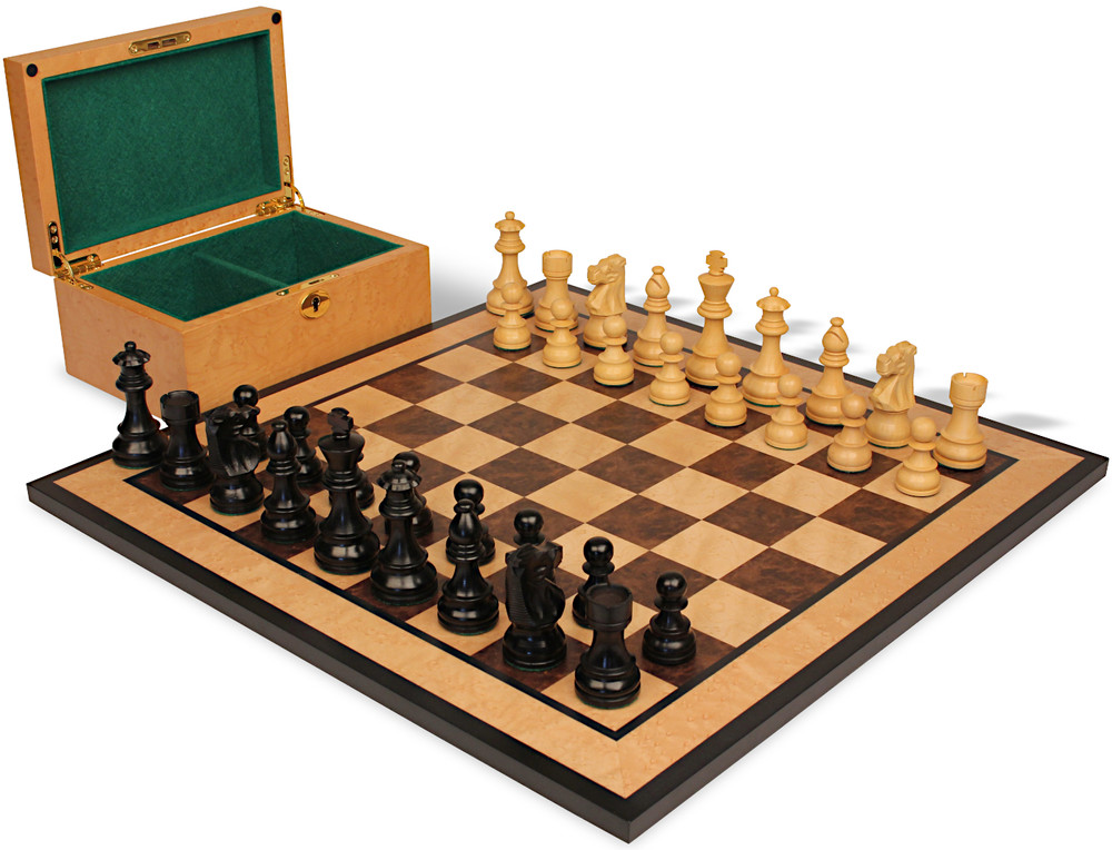 French Lardy Staunton Chess Set Ebonized & Boxwood Wood Pieces with Walnut Burl & Bird's-Eye Maple Board & Box - 3.25" King