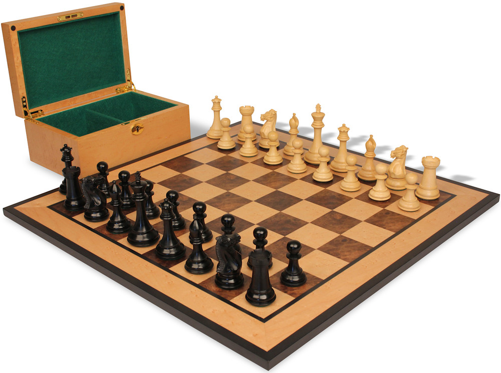 New Exclusive Staunton Chess Set Ebonized & Boxwood Pieces with Walnut Burl & Bird's-Eye Maple Board & Box  - 4" King