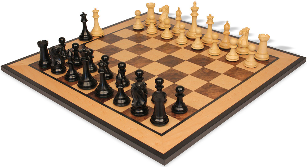 New Exclusive Staunton Chess Set Ebony & Boxwood Pieces with Walnut Burl & Bird's-Eye Maple Board - 3" King