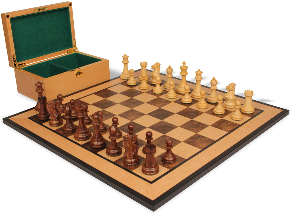 Old English Classic Chess Set Golden Rosewood & Boxwood Pieces with Walnut Burl & Bird's-Eye Maple Board & Box - 3.9" King