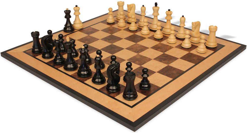 Zagreb Series Chess Set Ebonized & Boxwood Pieces with Walnut Burl & Bird's-Eye Maple Board - 3.875" King