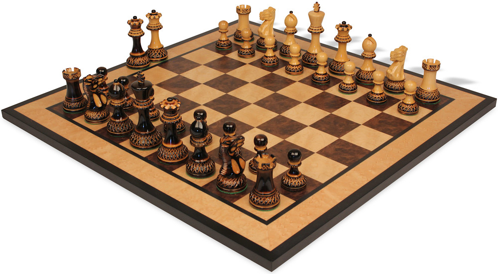 Parker Staunton Chess Set - Burnt Boxwood Pieces - Walnut Burl