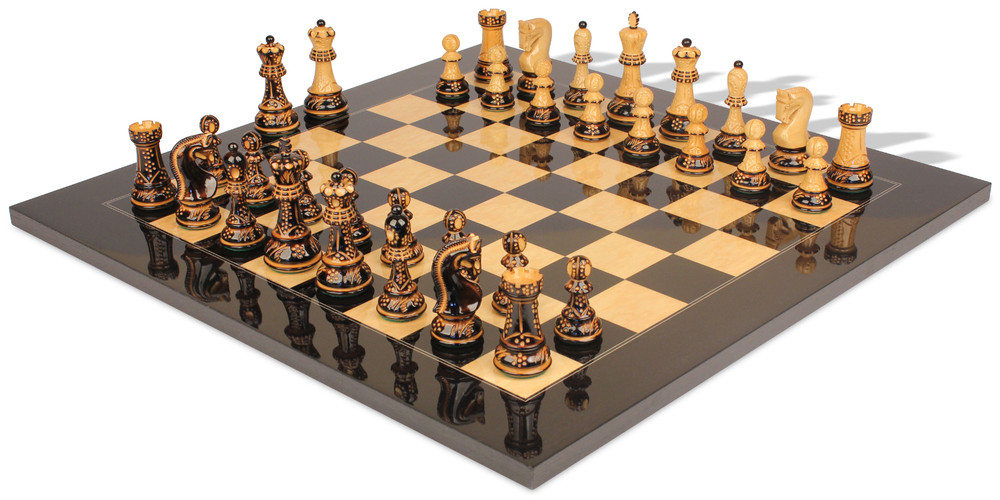 Zagreb Series Chess Set Decorative Burnt Boxwood Pieces with Black