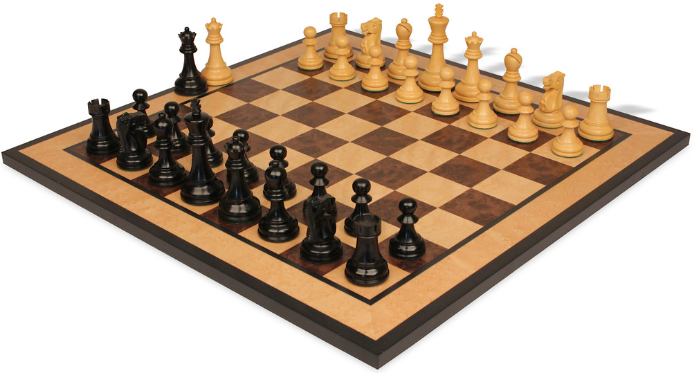 Reykjavik Series Chess Set Ebonized & Boxwood Pieces with Walnut Burl & Bird's-Eye Maple Board - 3.25" King