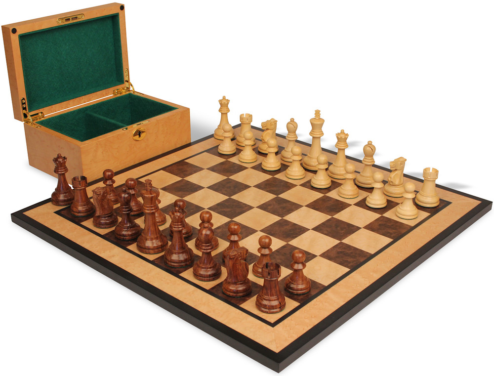 Reykjavik Series Chess Set Golden Rosewood & Boxwood Pieces with Walnut Burl & Bird's-Eye Maple Board & Box - 3.25" King