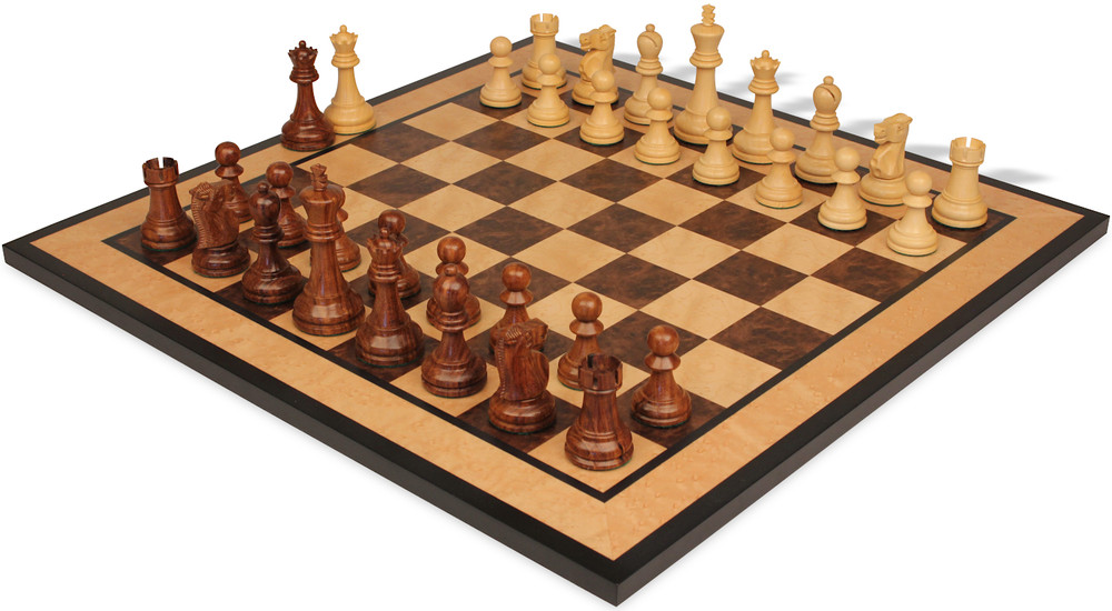 Reykjavik Series Chess Set Golden Rosewood & Boxwood Pieces with Walnut Burl & Bird's-Eye Maple Board - 3.25" King