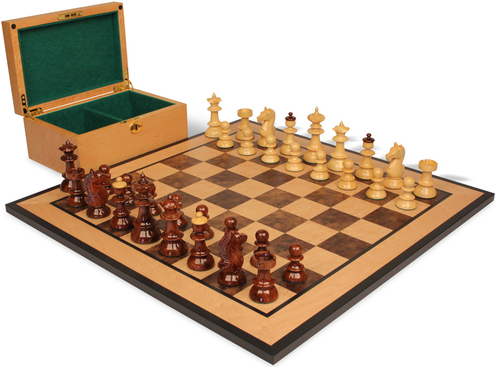 Vienna Coffee House Antique Reproduction Chess Set - Golden Rosewood & Boxwood Lacquered Pieces - Walnut Burl & Bird's-Eye Maple Chess Board & Box - 4" King