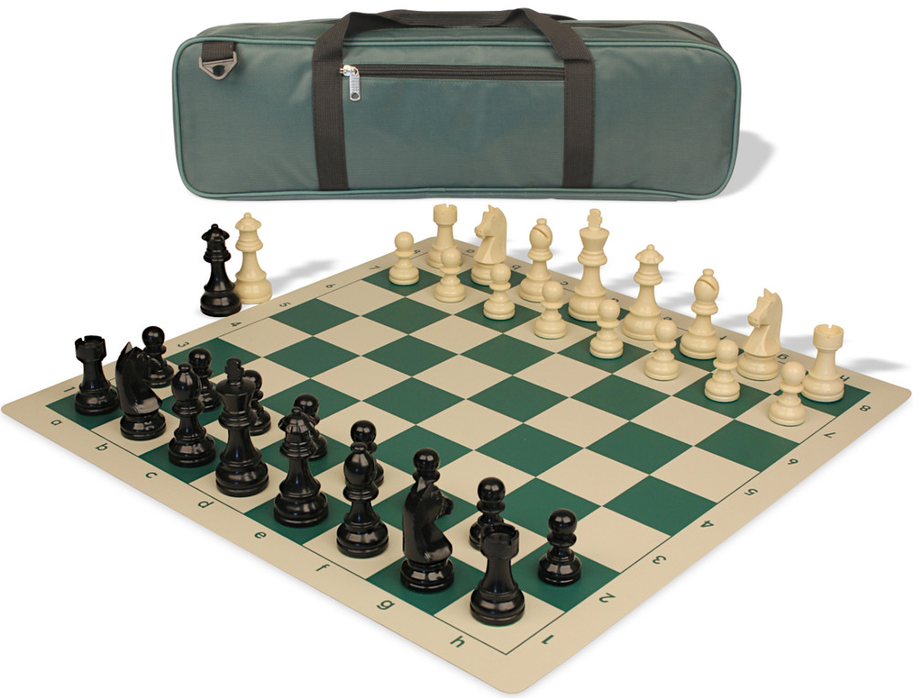 German Knight Carry-All Plastic Chess Set - Black & Ivory Pieces with Vinyl Rollup Board - Green