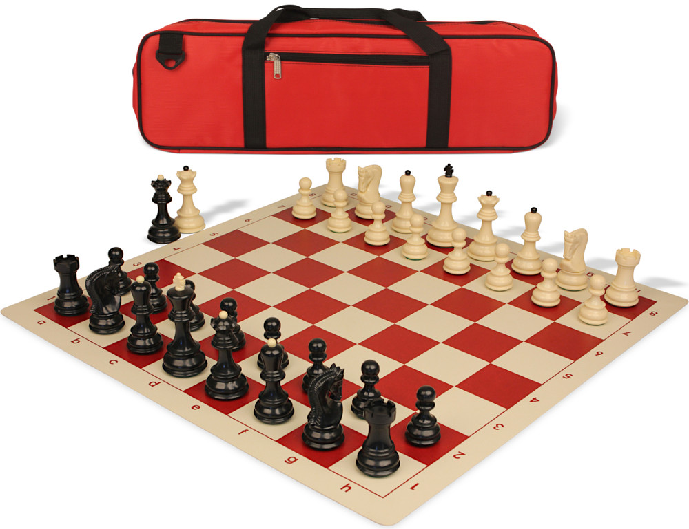 Zagreb Series Carry-All Plastic Chess Set - Black & Ivory Pieces with Vinyl Rollup Board - Red