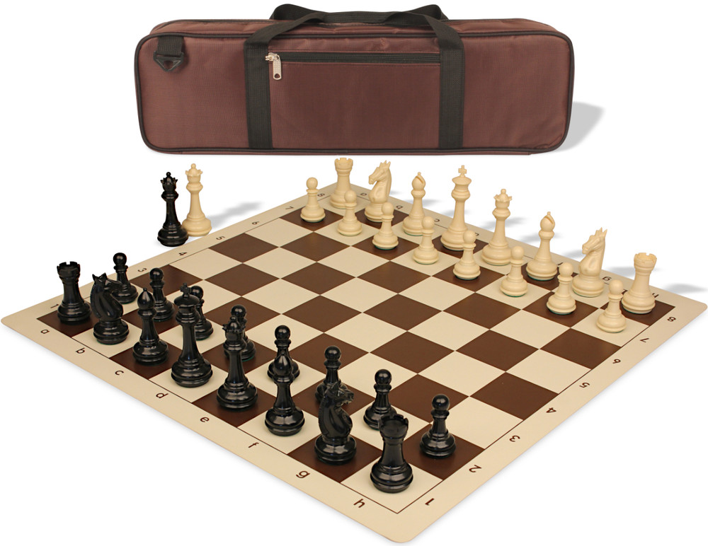Khan's Stallion Carry-All Plastic Chess Set - Black & Ivory Pieces with Vinyl Rollup Board - Brown