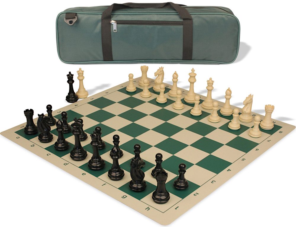 Khan's Stallion Carry-All Plastic Chess Set - Black & Ivory Pieces with Vinyl Rollup Board - Green