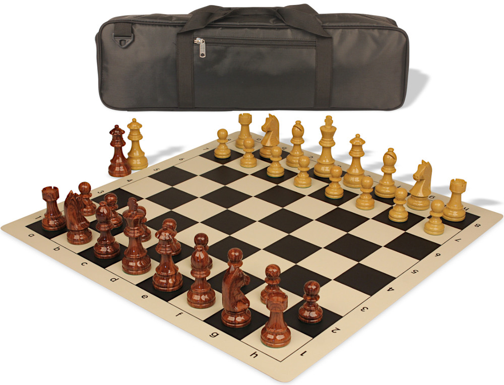German Knight Carry-All Plastic Chess Set - Wood Grain Pieces with Vinyl Rollup Board - Black