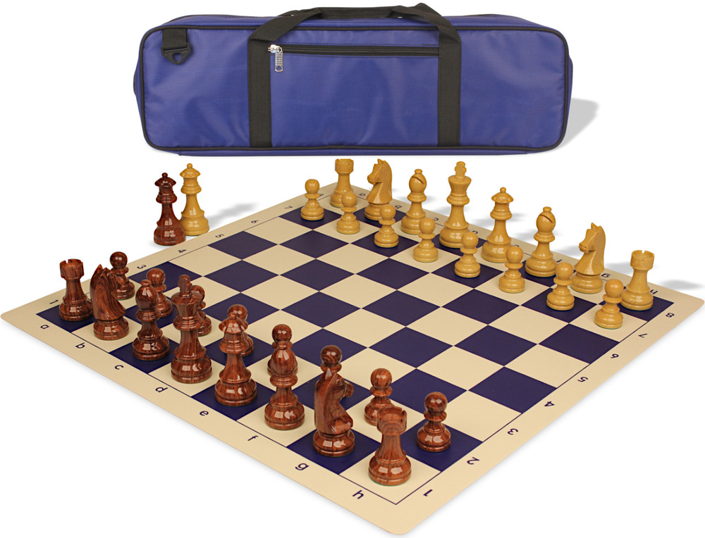 German Knight Carry-All Plastic Chess Set - Wood Grain Pieces with Vinyl Rollup Board - Blue