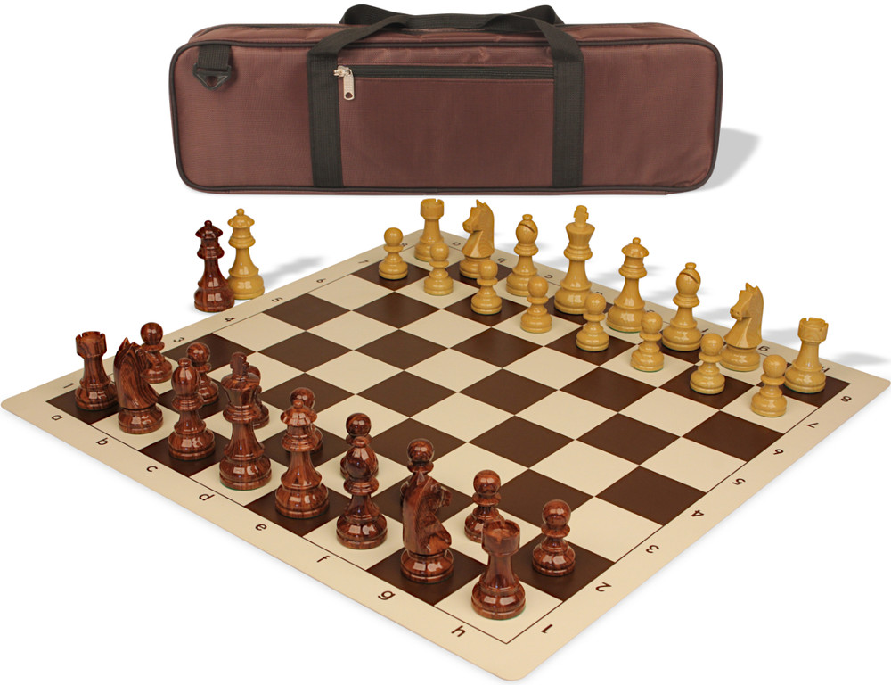 German Knight Carry-All Plastic Chess Set - Wood Grain Pieces with Vinyl Rollup Board - Brown