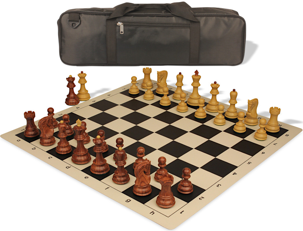 Zagreb Series Carry-All Plastic Chess Set - Wood Grain Pieces with Vinyl Rollup Board - Black