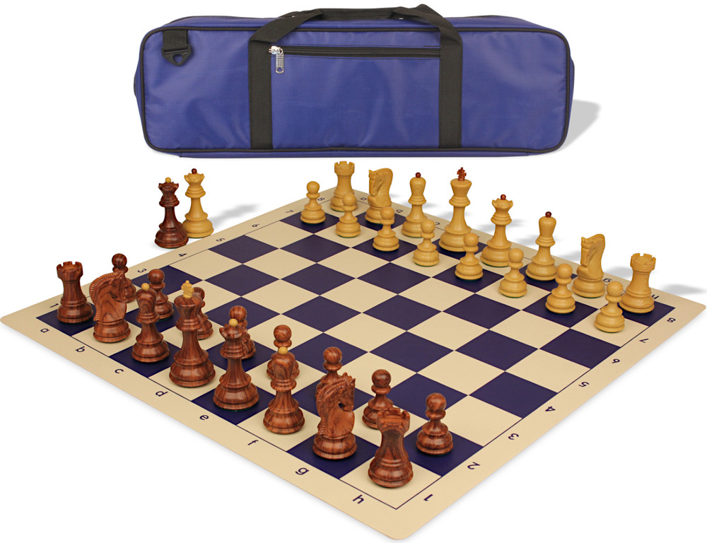 Zagreb Series Carry-All Plastic Chess Set - Wood Grain Pieces with Vinyl Rollup Board - Blue