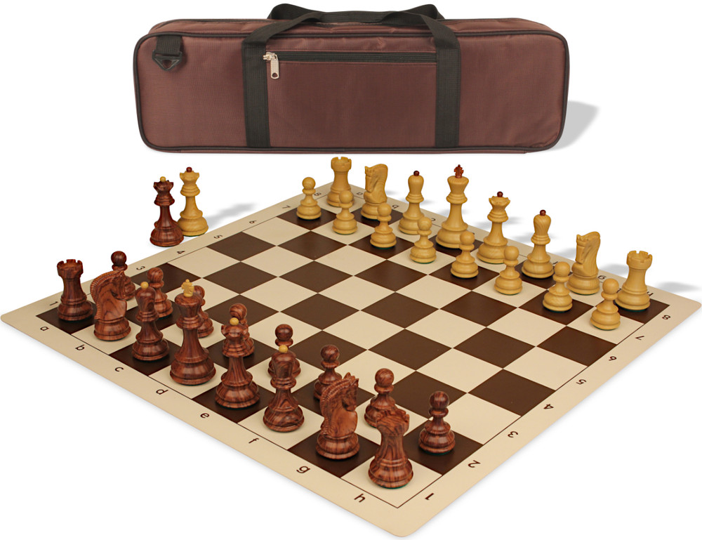 Zagreb Series Carry-All Plastic Chess Set - Wood Grain Pieces with Vinyl Rollup Board - Brown