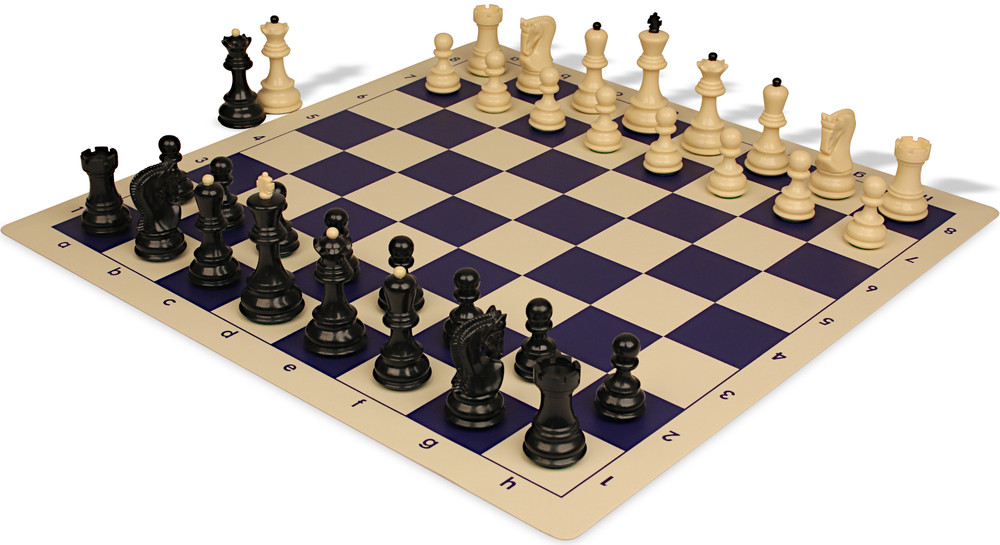 Zagreb Series Plastic Chess Set - Black & Ivory Pieces with Vinyl Rollup Board - Blue