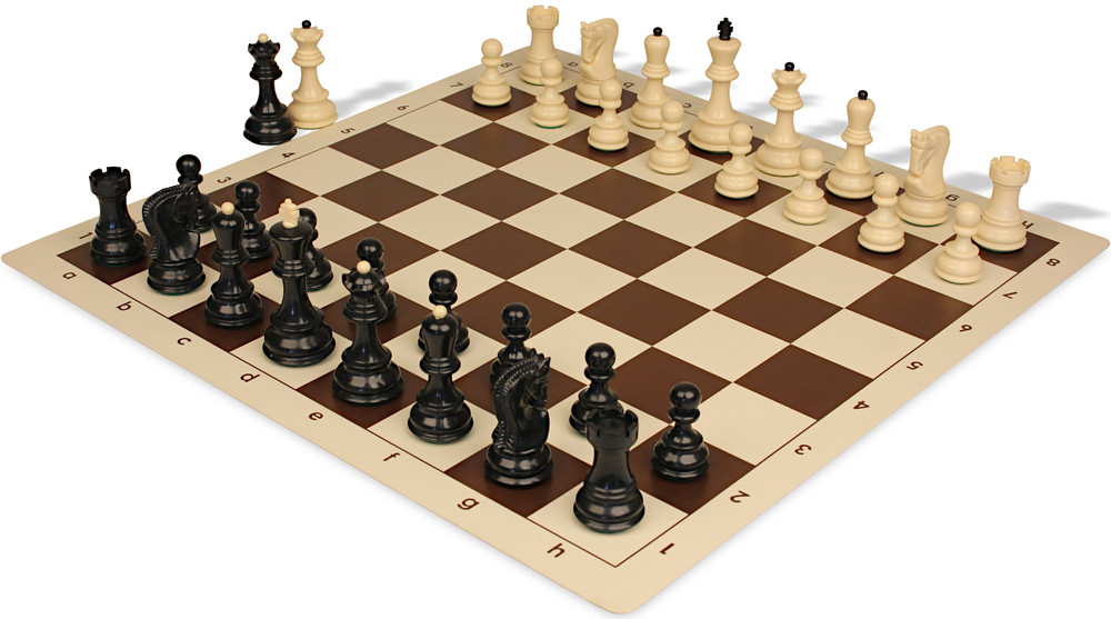 Zagreb Series Plastic Chess Set - Black & Ivory Pieces with Vinyl Rollup Board - Brown