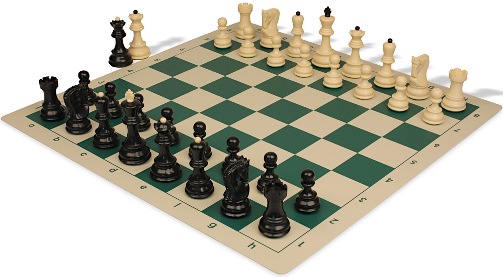 Zagreb Series Plastic Chess Set - Black & Ivory Pieces with Vinyl Rollup Board - Green