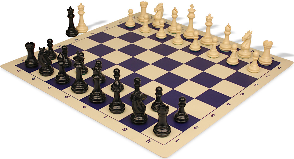 Khan's Stallion Plastic Chess Set - Black & Ivory Pieces with Vinyl Rollup Board - Blue