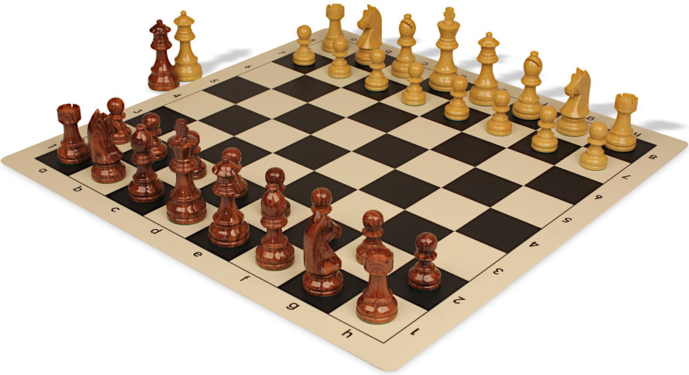 German Knight Plastic Chess Set - Wood Grain Pieces with Vinyl Rollup Board - Black