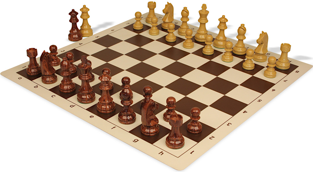 German Knight Plastic Chess Set - Wood Grain Pieces with Vinyl Rollup Board - Brown