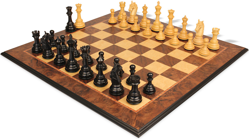 Colombian Knight Series Chess Set - Ebony & Boxwood Pieces with Walnut Burl & Maple Molded-Edge Chess Board - 4.6" King