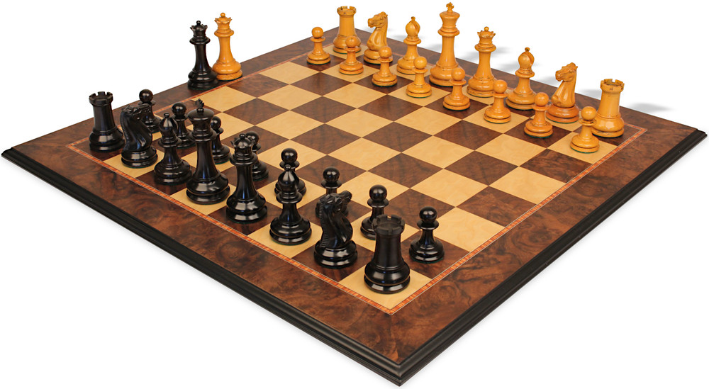 1849 Series Chess Set - Ebony & Antiqued Boxwood Pieces with Walnut Burl & Maple Molded-Edge Chess Board- 4.4" King