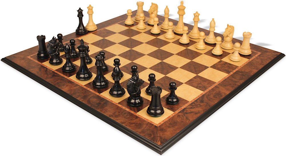 Llamrei Series Chess Set - Ebony & Boxwood Pieces with Walnut Burl & Maple Molded-Edge Chess Board - 4.25" King