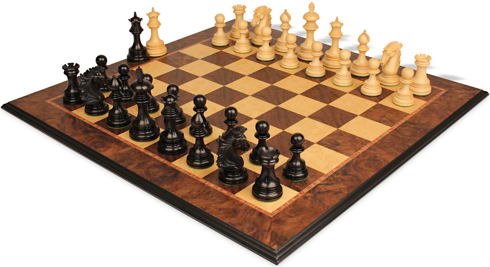 Wellington Series Chess Set - Ebony & Boxwood Pieces with Walnut Burl & Maple Chess Board - 4.25" King