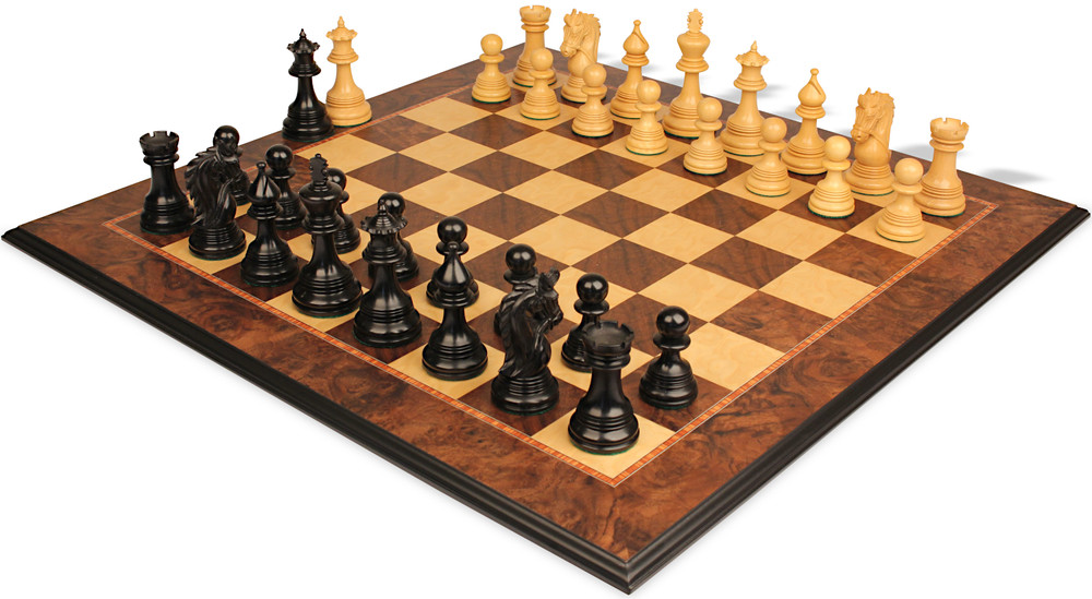 Hadrian Series Chess Set - Ebony & Boxwood Pieces Walnut Burl & Maple Molded-Edge Chess Board - 4.4" King
