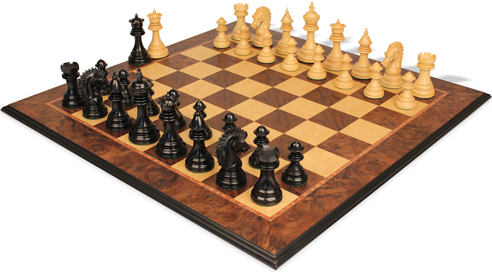 Cyrus Series Chess Set - Ebony & Boxwood Pieces - Walnut Burl & Maple Molded-Edge Chess Board - 4.4" King