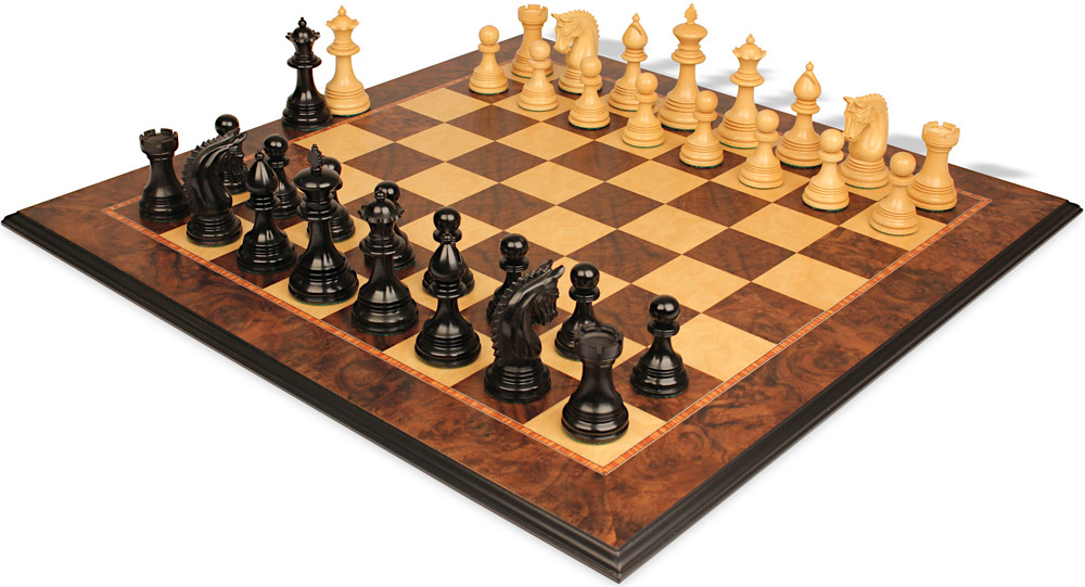 Patton Series Chess Set - Ebony & Boxwood Pieces - Walnut Burl & Maple Molded-Edge Ches Chess Board - 4.25" King